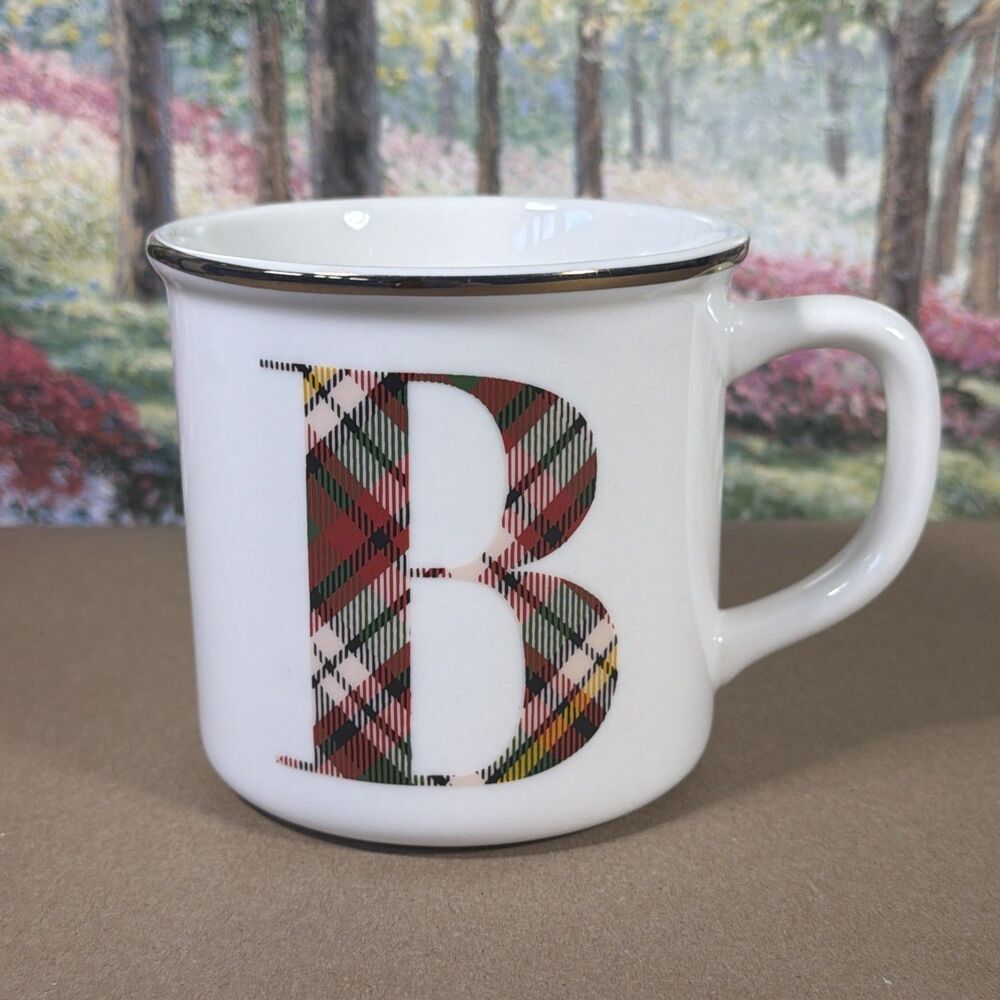 Pottery Barn Stewart Plaid Letter B Alphabet Stoneware Mug 14 oz.